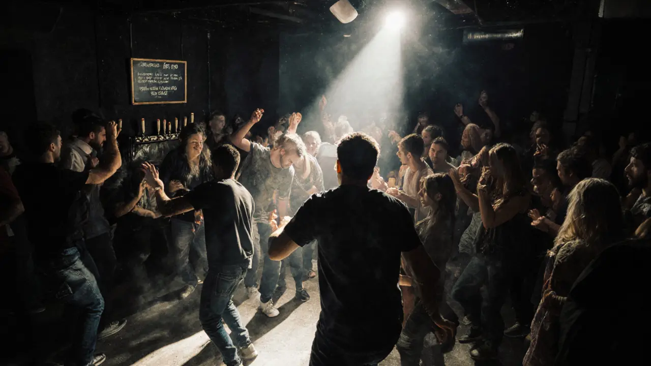 A raw industrial warehouse club with strobe lights and a crowd dancing fiercely to deep bass.