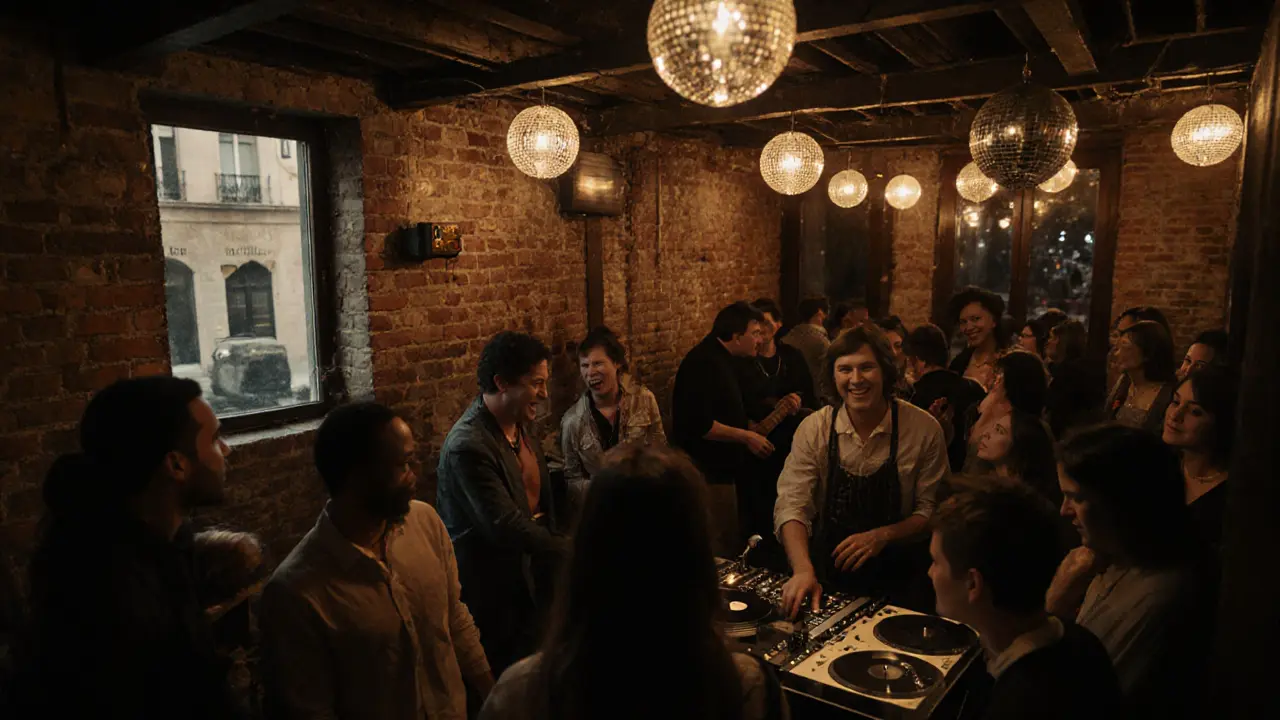 A small basement club with vintage disco lights and people dancing to vinyl soul music.