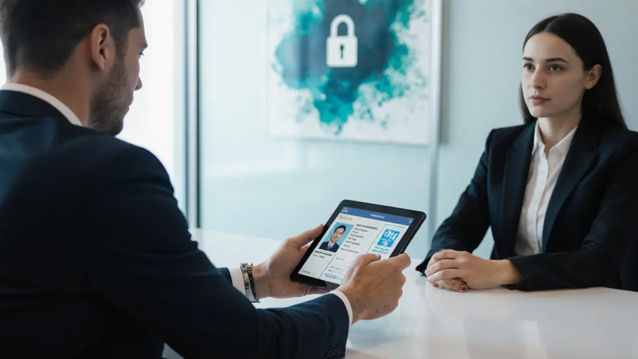 Agent showing verified ID and health documents in a modern office.