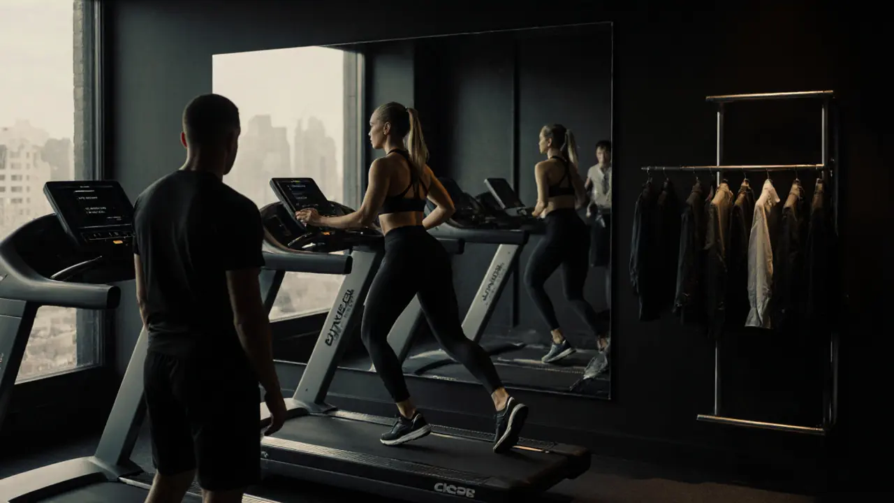 Boutique gym scene showing a disciplined escort working out, designer outfits and encrypted messages nearby.