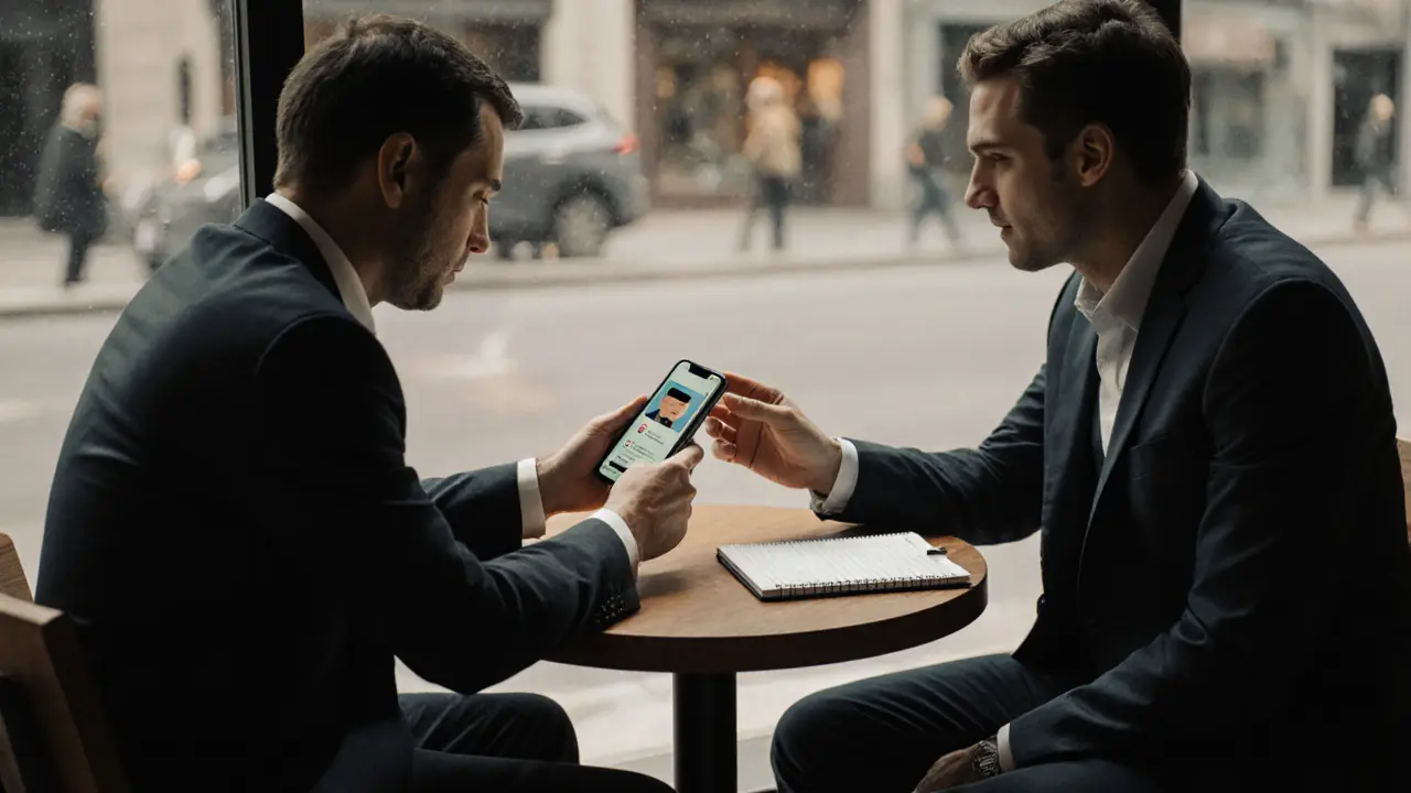 Coffee shop scene where two people review a blurred ID on a phone.