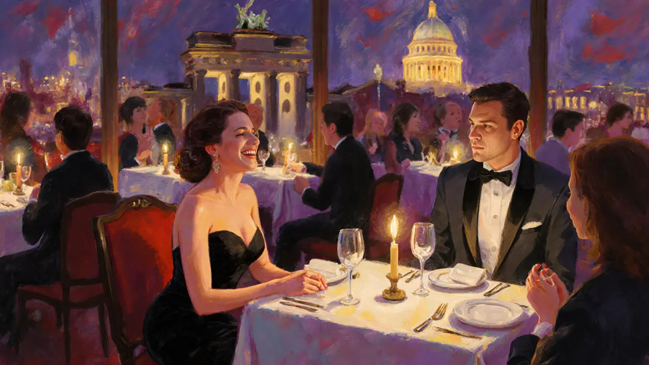Companion and client dining at a candlelit, upscale Berlin restaurant.