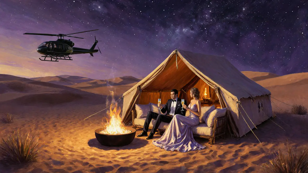 Couple in a glamorous desert camp under stars with a fire pit and helicopter overhead.