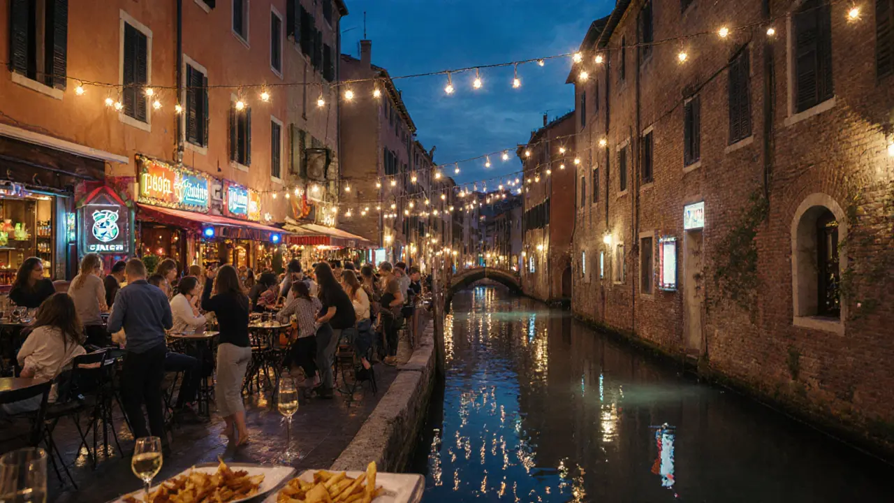 Crowd dancing by the Navigli canal under fairy lights with live music in the background.