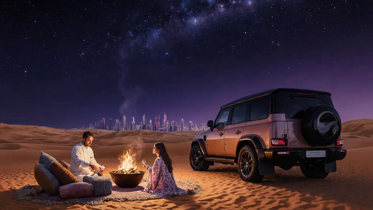 Desert night camp with luxury 4x4, fire pit, companion in kaftan, and starry sky over distant Dubai skyline.