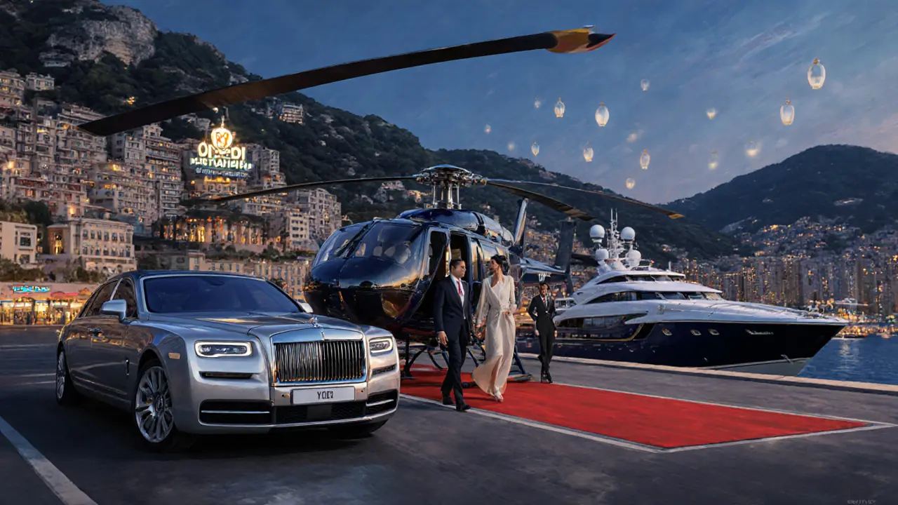 Elegant arrival scene featuring a helicopter, limousine, and superyacht with a couple and bodyguard in Monaco.