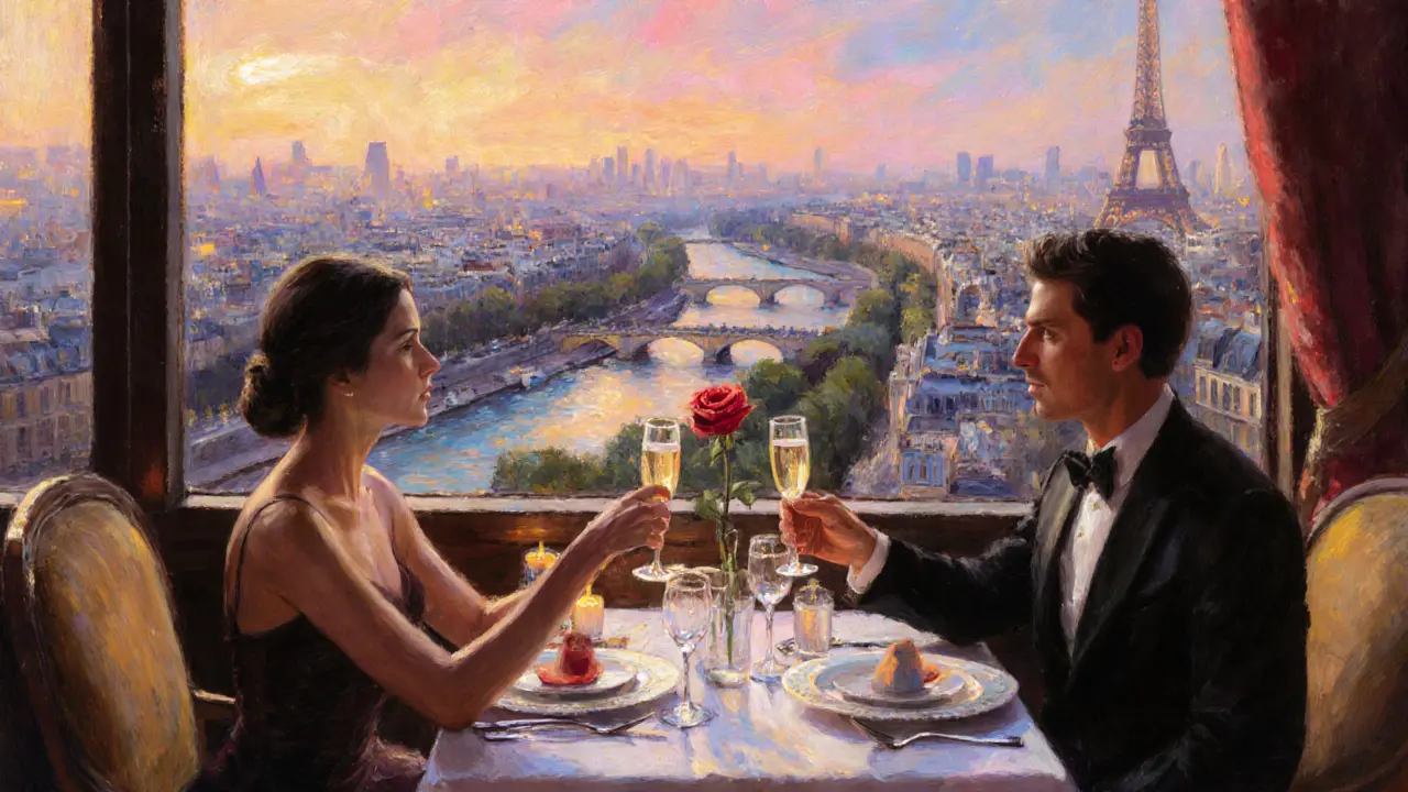 Elegant dinner table with a couple toasting champagne at Le Jules Verne, city lights at sunset.