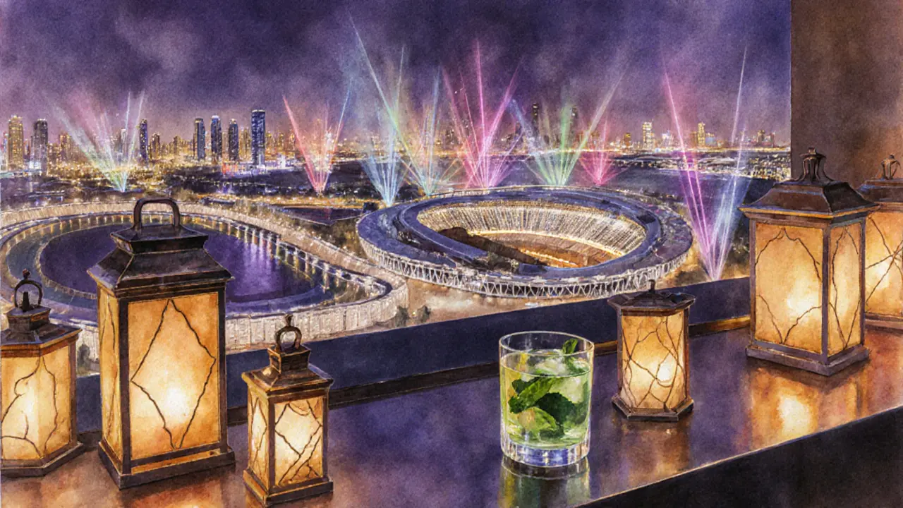 Elegant rooftop bar overlooking the lit Yas Marina Circuit with a mint tea glass.