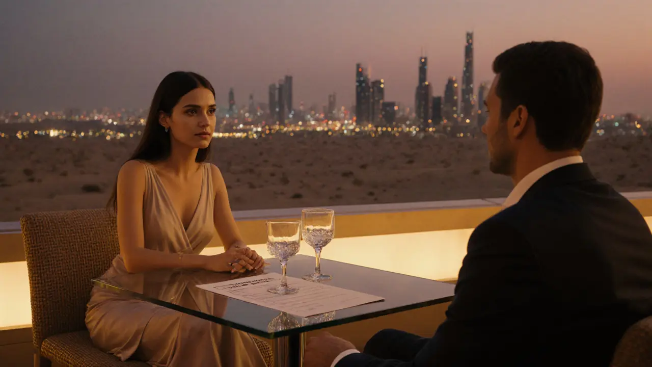 Elegant rooftop lounge scene with a man and escort enjoying dinner, safety checklist nearby.