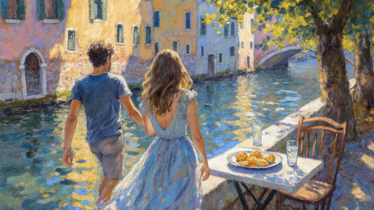 Fashionable escort leads a guest to a canal terrace with panzerotti.