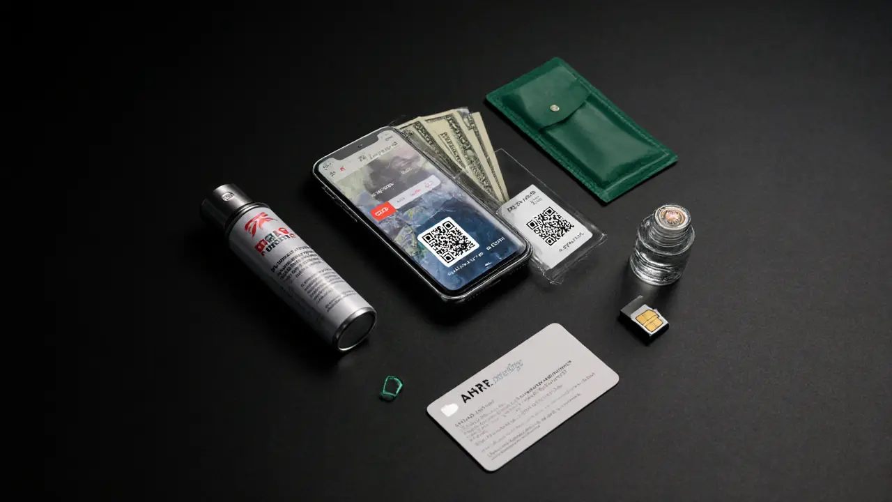 Flat‑lay of prepaid card, phone with location sharing, emergency kit, and cash.