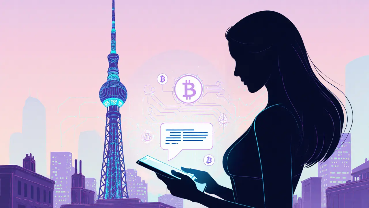 Futuristic illustration of an escort using holographic tech with Berlin skyline and blockchain symbols.