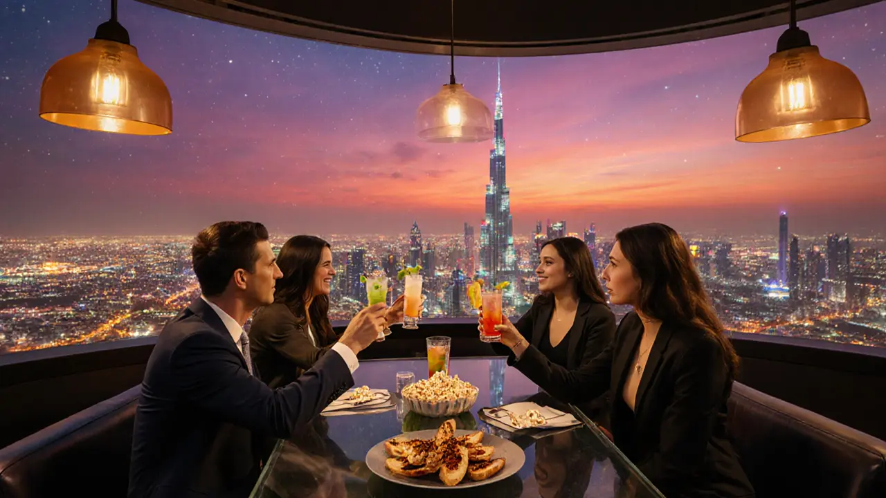 Guests at a rooftop lounge overlooking Burj Khalifa, sipping discounted cocktails at sunset.