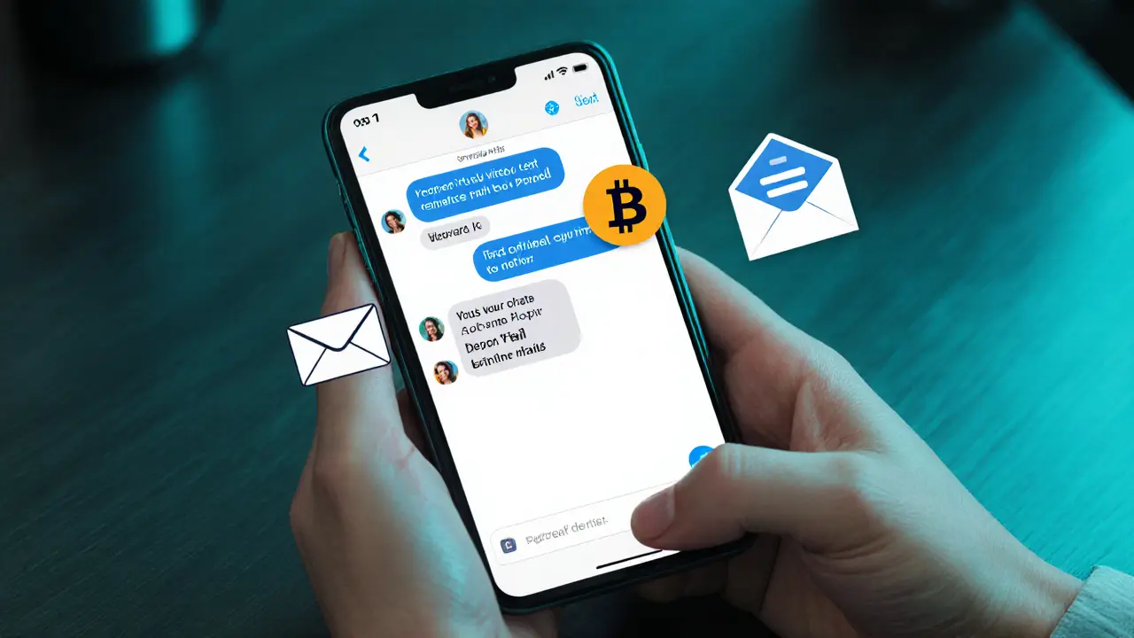 Hand holding smartphone displaying secure payment icons and encrypted chat.