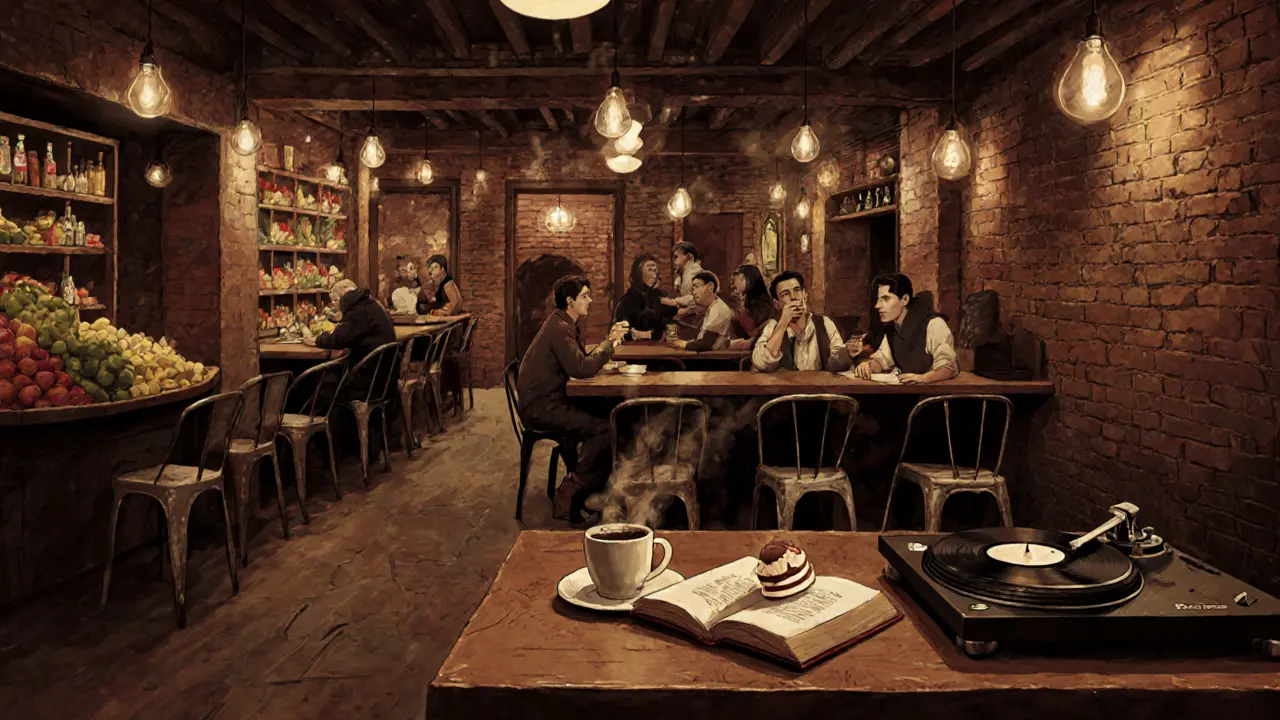 Hidden basement bar in Kadıköy with vinyl records, raki, and Turkish dessert under warm lamps.