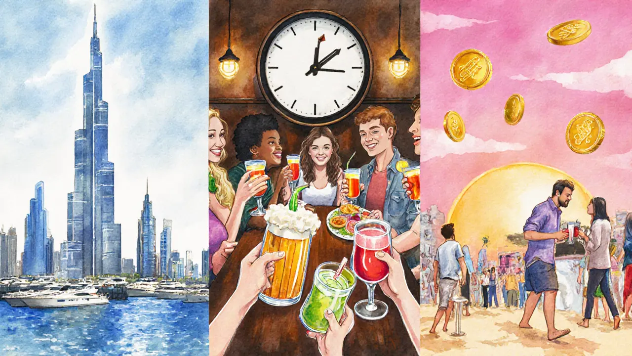 Illustrated collage of Downtown, Marina, and JBR venues showing relaxed crowds enjoying happy hour savings.