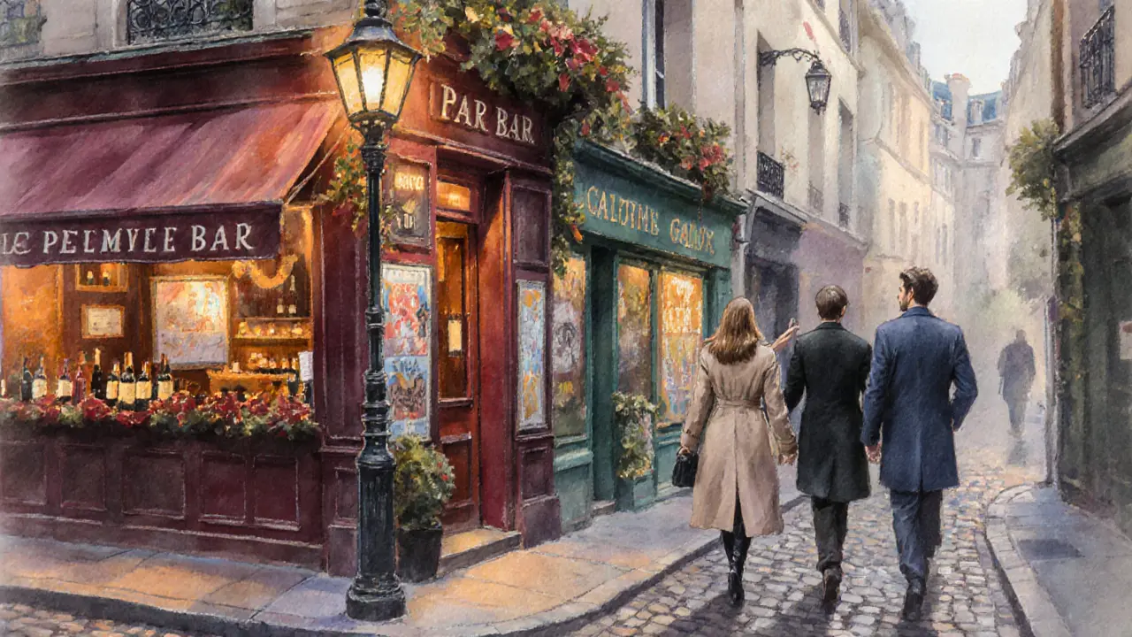 Impressionist scene of a guide escort showing a couple a hidden wine bar and gallery.