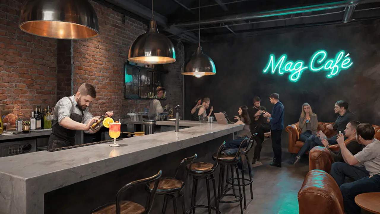 Interior of Mag Café showing industrial décor and a colorful cocktail.