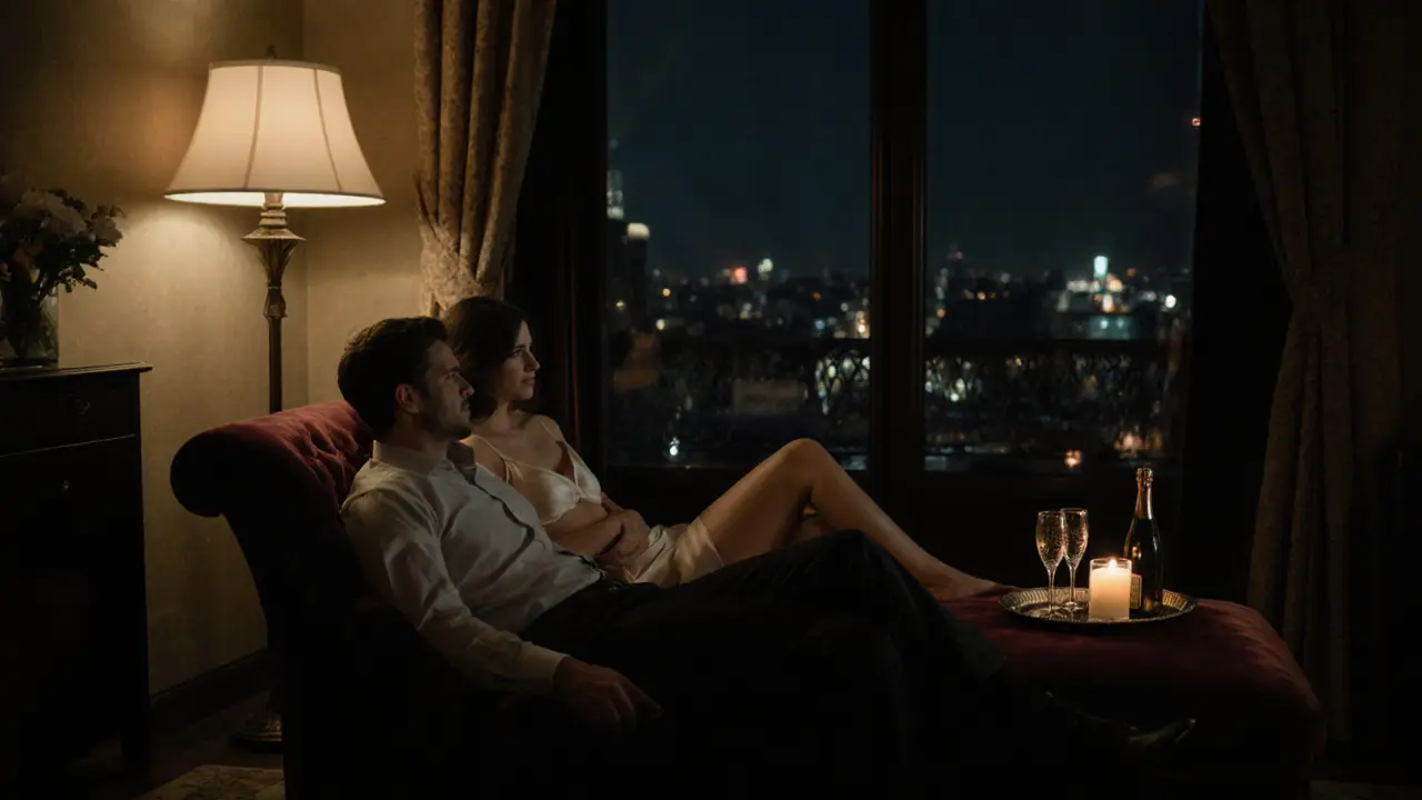 Intimate hotel suite scene with a couple relaxing, champagne and candlelight, city view at night.