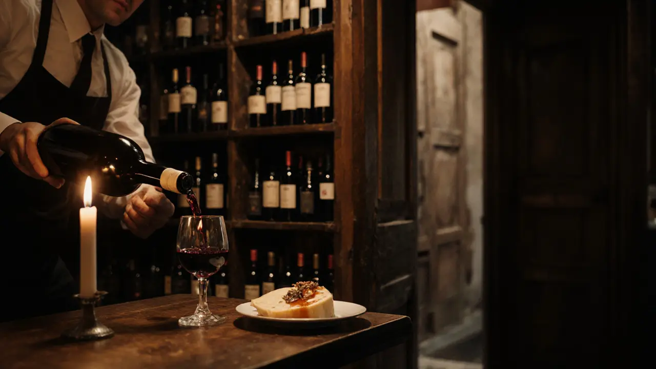 Intimate wine bar with bottles lining walls and candlelit table with cheese and wine.