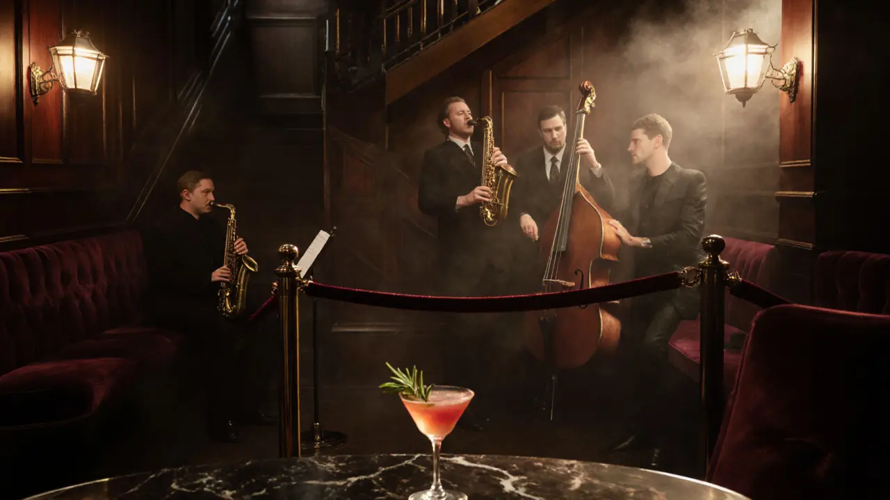 Jazz trio performing in a dim, smoky speakeasy with velvet booths and lantern light.