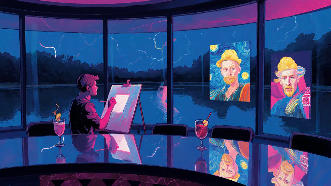 Live painter using neon lights to recreate Van Gogh&#039;s Starry Night at a minimalist bar overlooking a lake.