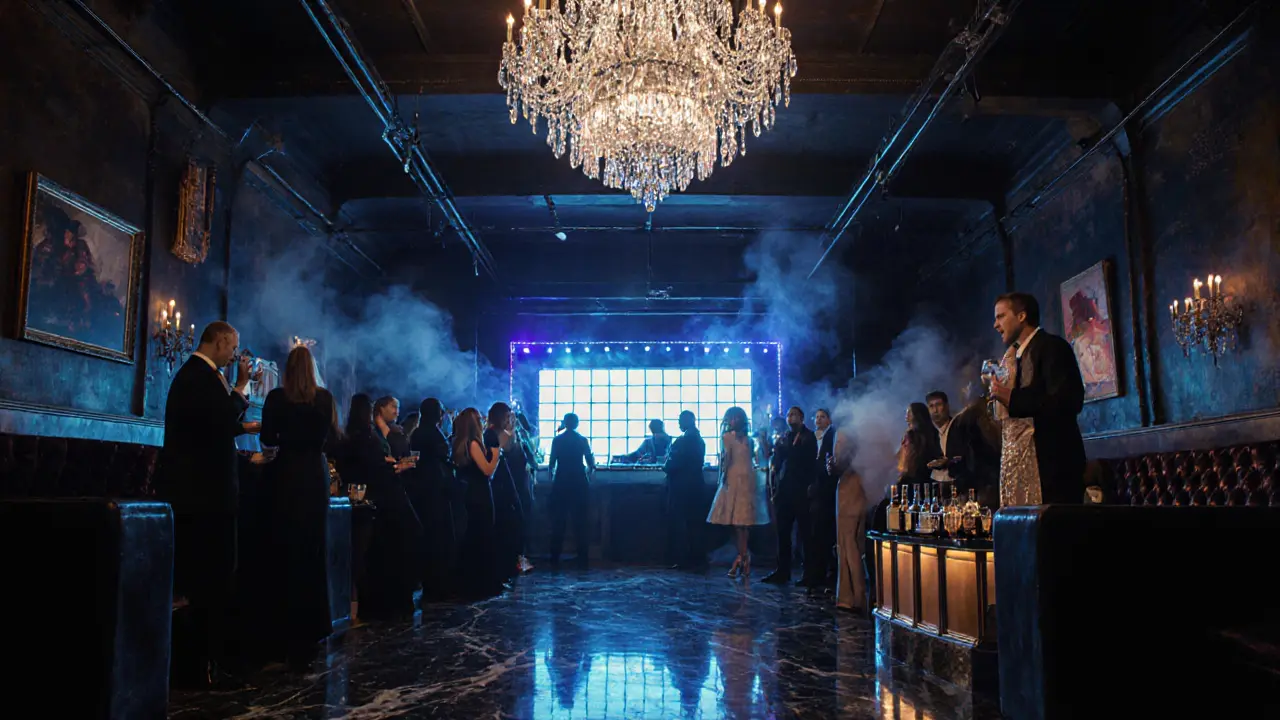 Luxurious interior of Jimmy&#039;z nightclub with chandeliers, glamorous crowd in cocktail attire, and vibrant lighting.