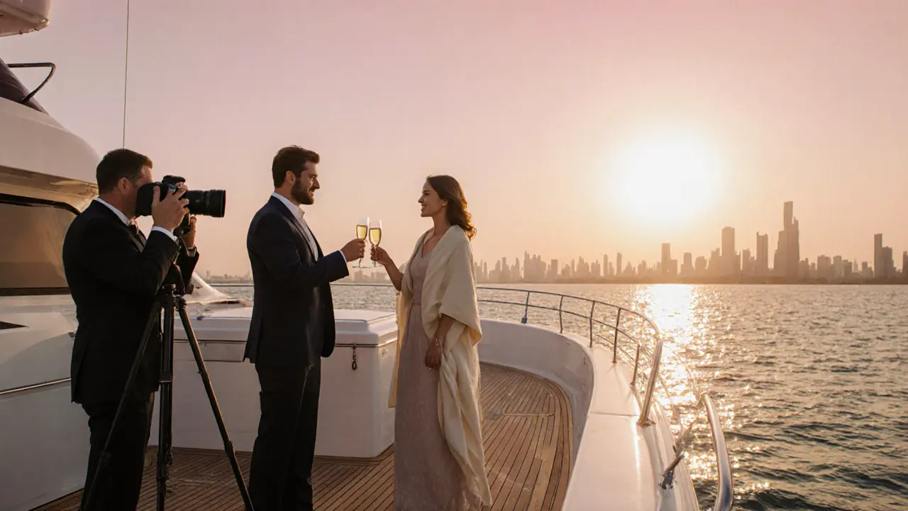 Luxury yacht at sunrise with a couple and companion toasting on deck near the city.