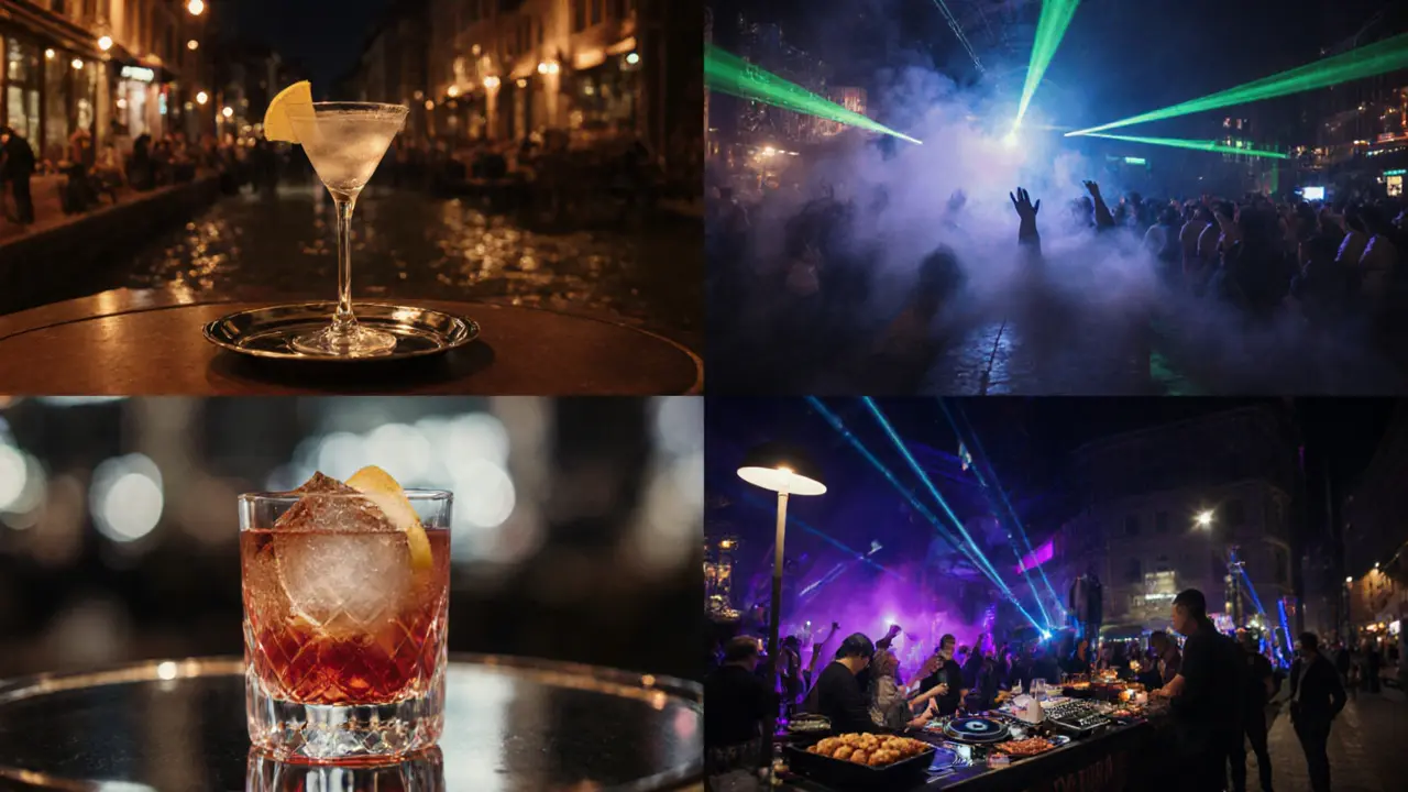 Montage of Milan nightlife from Aperitivo to club to street food stall.