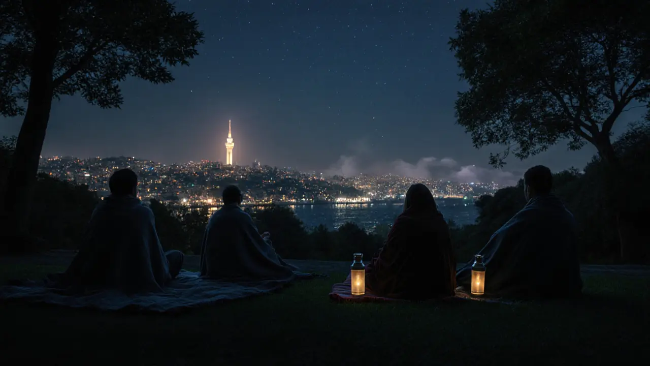 Quiet hilltop garden at midnight with people watching Istanbul’s skyline under starlight.