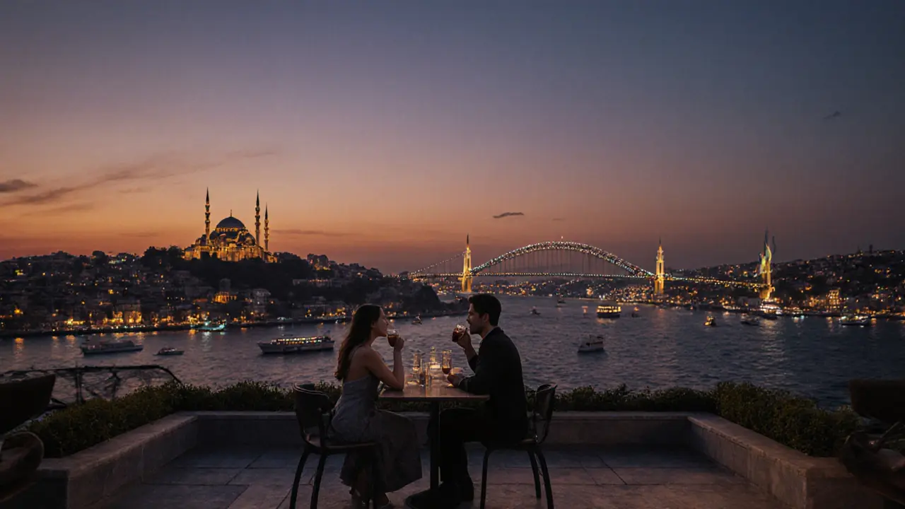 Rooftop bar overlooking the Bosphorus at sunset with city lights beginning to glow and people enjoying drinks.