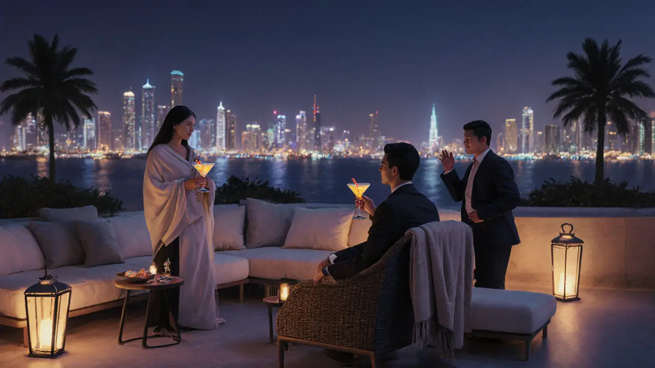 Rooftop lounge at night with a couple and companion enjoying cocktails under city lights.