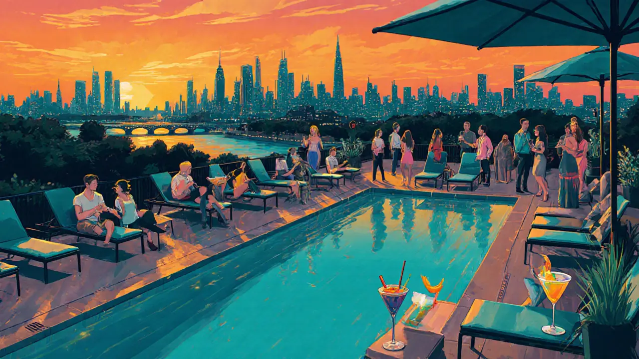 Rooftop lounge at sunset with city skyline and patrons enjoying drinks.