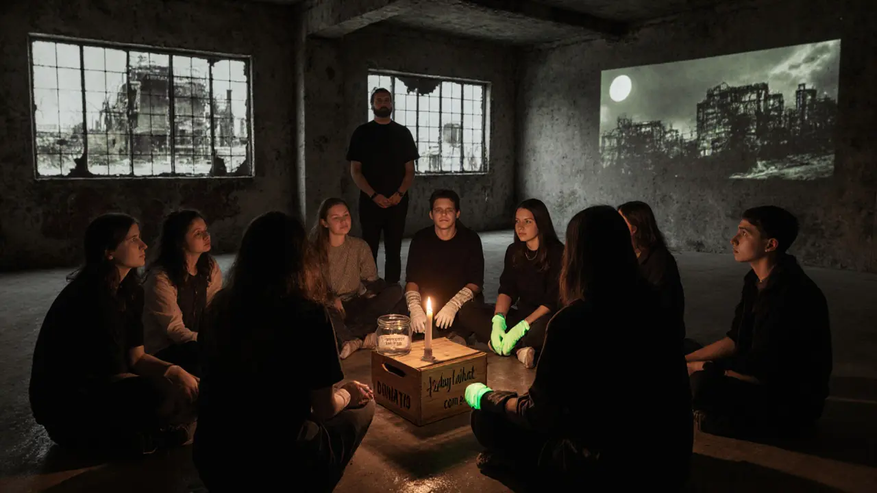 Silent disco in an industrial warehouse with people sitting in silence around a single burning candle.