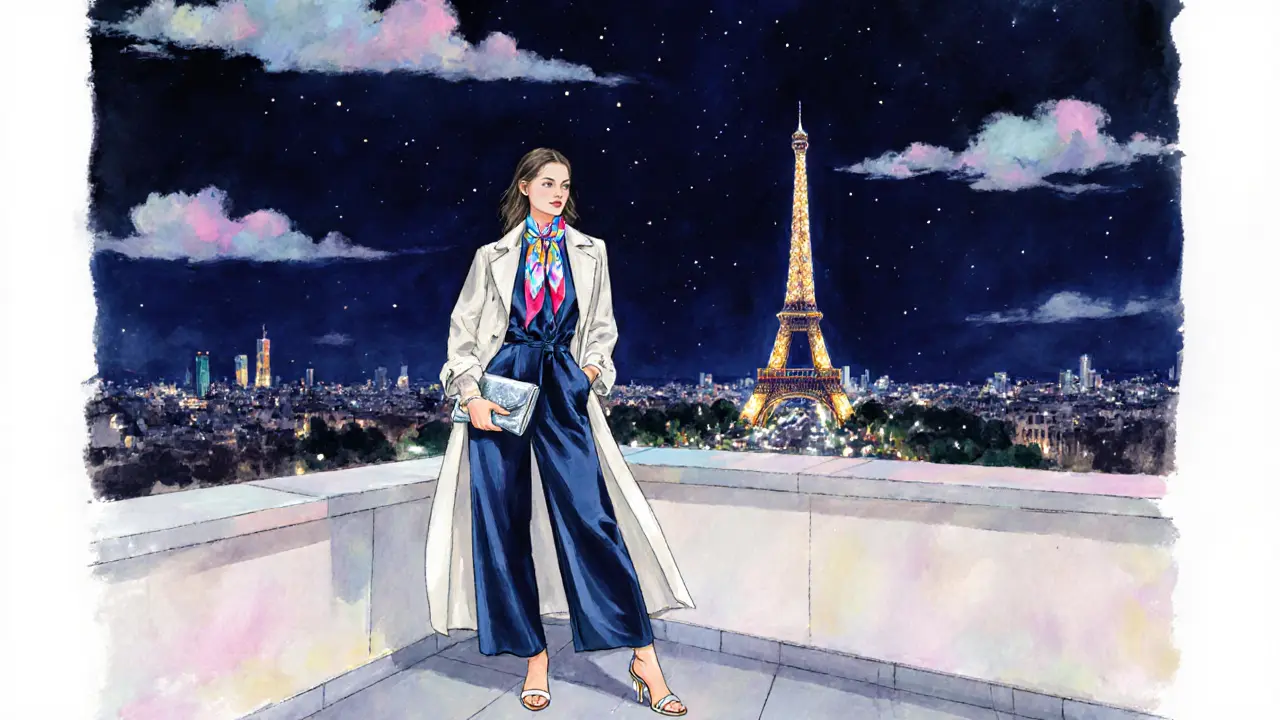 Silk jumpsuit and trench coat on a rooftop lounge with Eiffel Tower view.