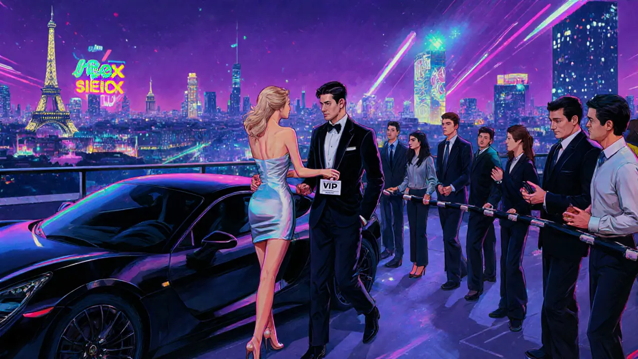 Sleek escort guiding a man past a nightclub line on a neon‑lit Paris rooftop.