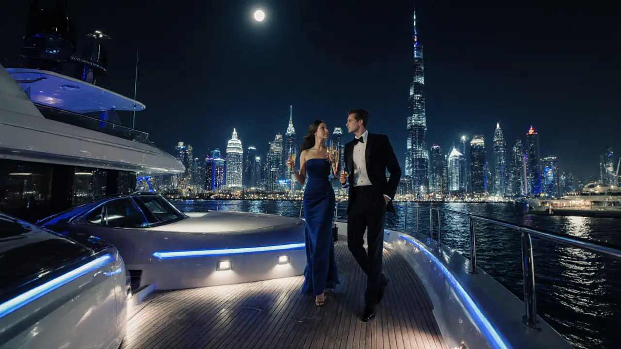 Sophisticated couple stepping onto a private yacht in Dubai Marina at night.