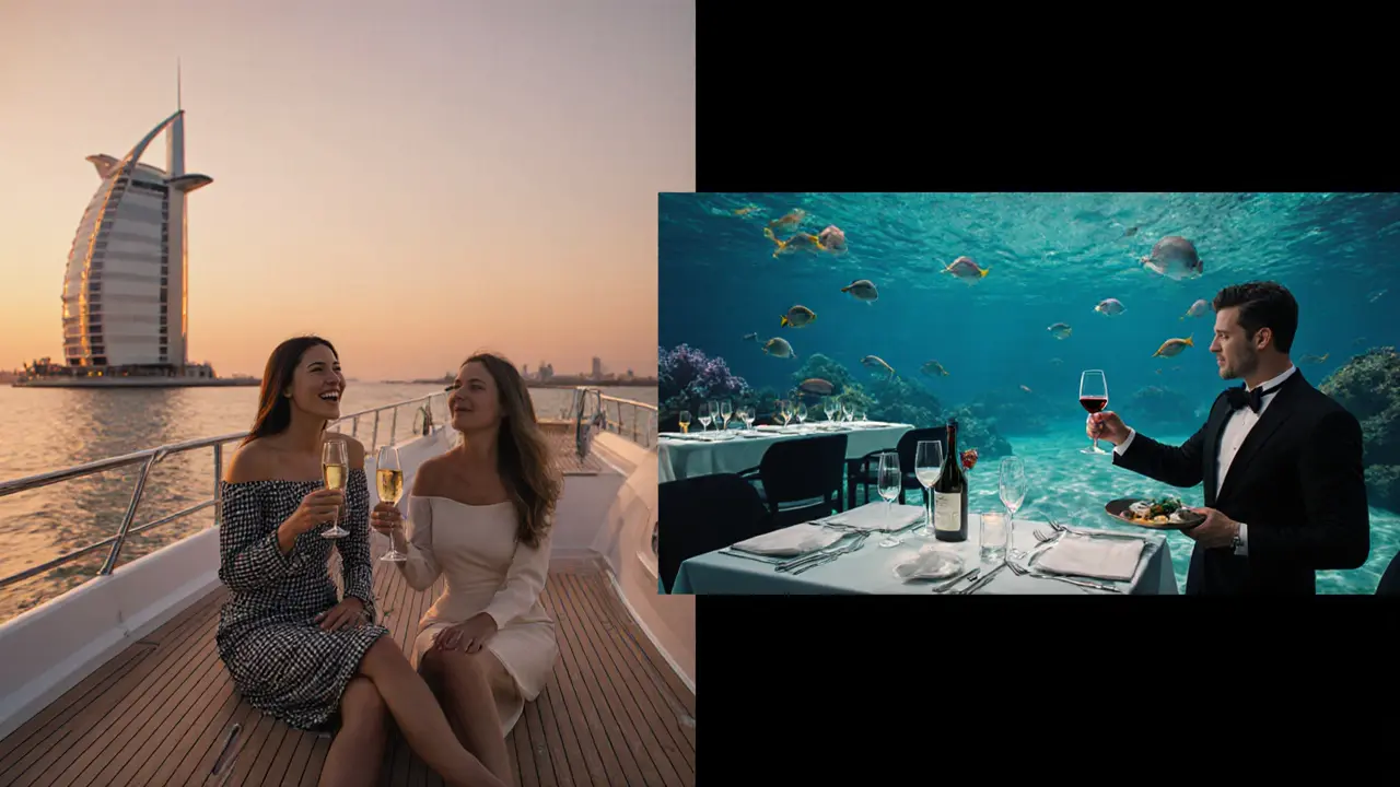 Sunset yacht with champagne, Burj Al Arab in background, and underwater restaurant scene with marine life.