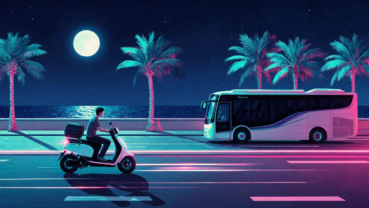 Traveler riding an electric scooter along the illuminated Corniche promenade at night.