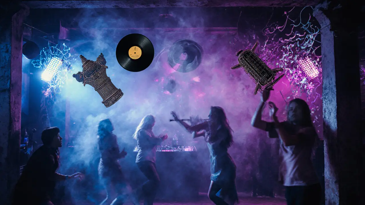 Underground club with surreal fusion of Turkish folk music and electronic beats, glowing lights, and floating cultural symbols.