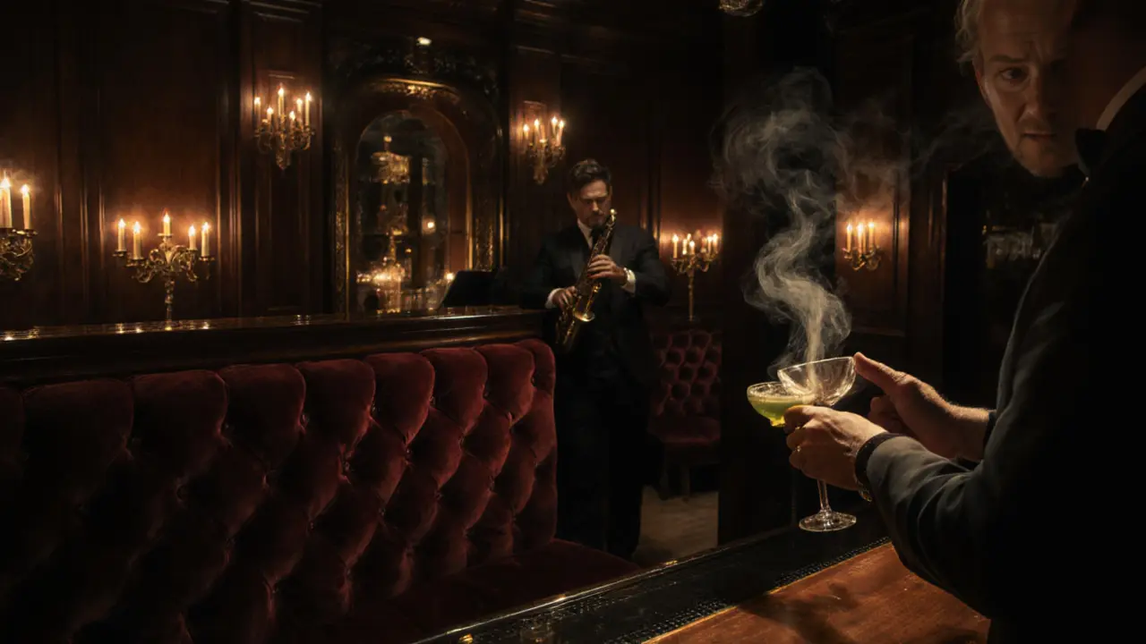Victorian‑style Nightjar bar interior with jazz musicians and glowing cocktails.