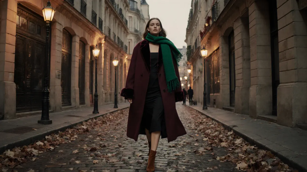 Woman in burgundy coat and velvet blazer walking an autumn Paris street.