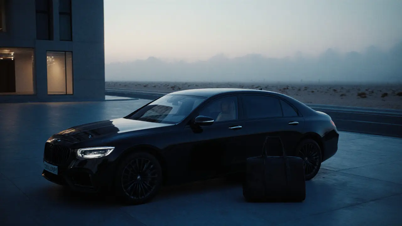 A black luxury car parked discreetly outside a five-star hotel at dawn.