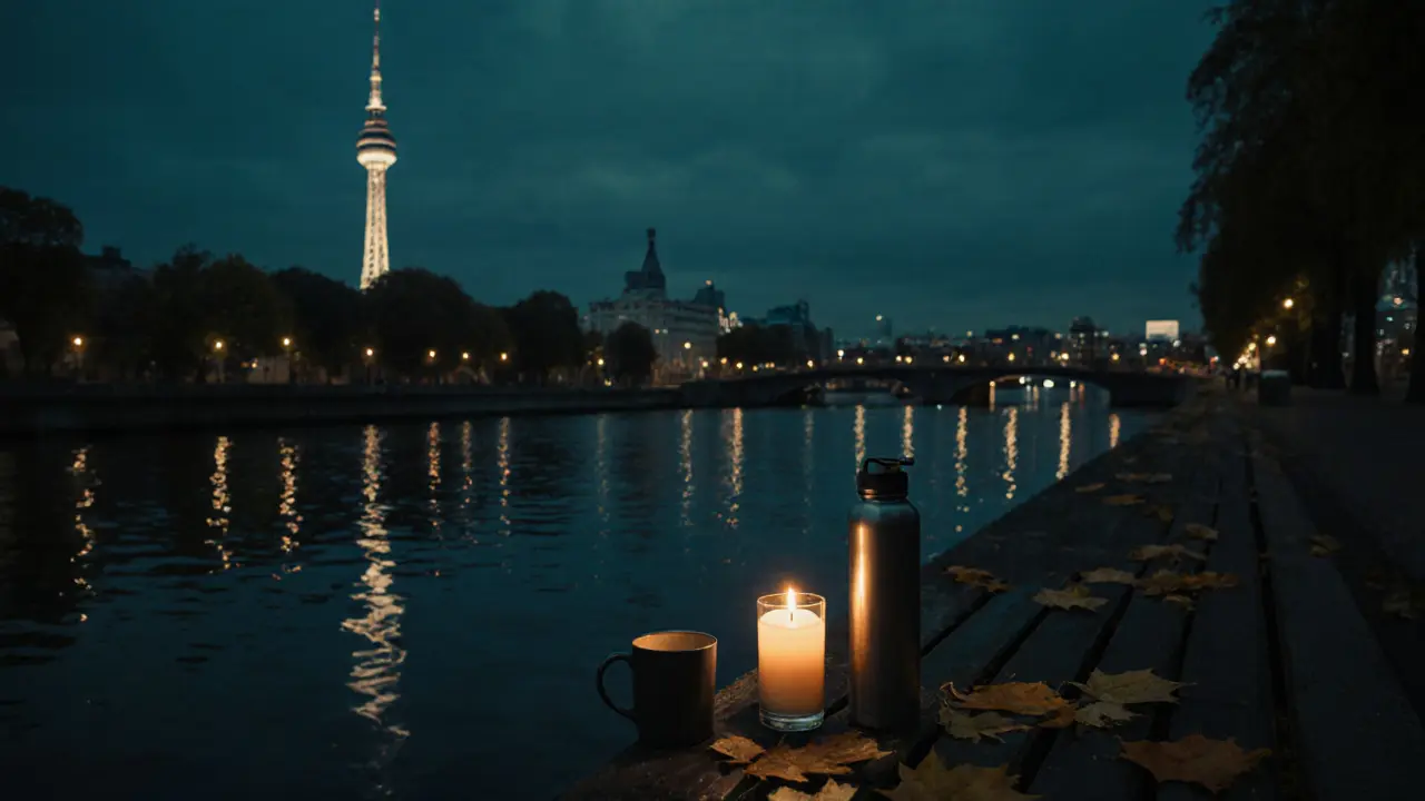 A candle flickers on a canal bench at midnight, Fernsehturm reflected in still water.