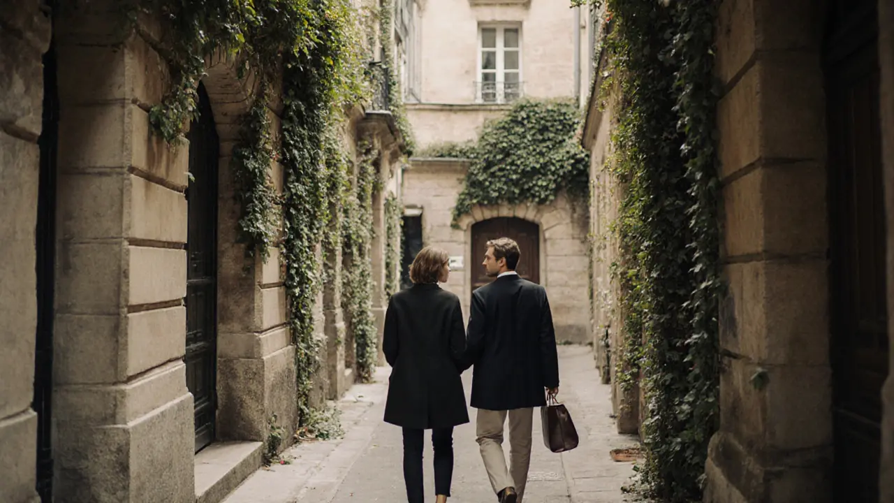 A companion and traveler exploring a hidden courtyard in Le Marais, sharing a quiet moment among ivy-covered stone walls.