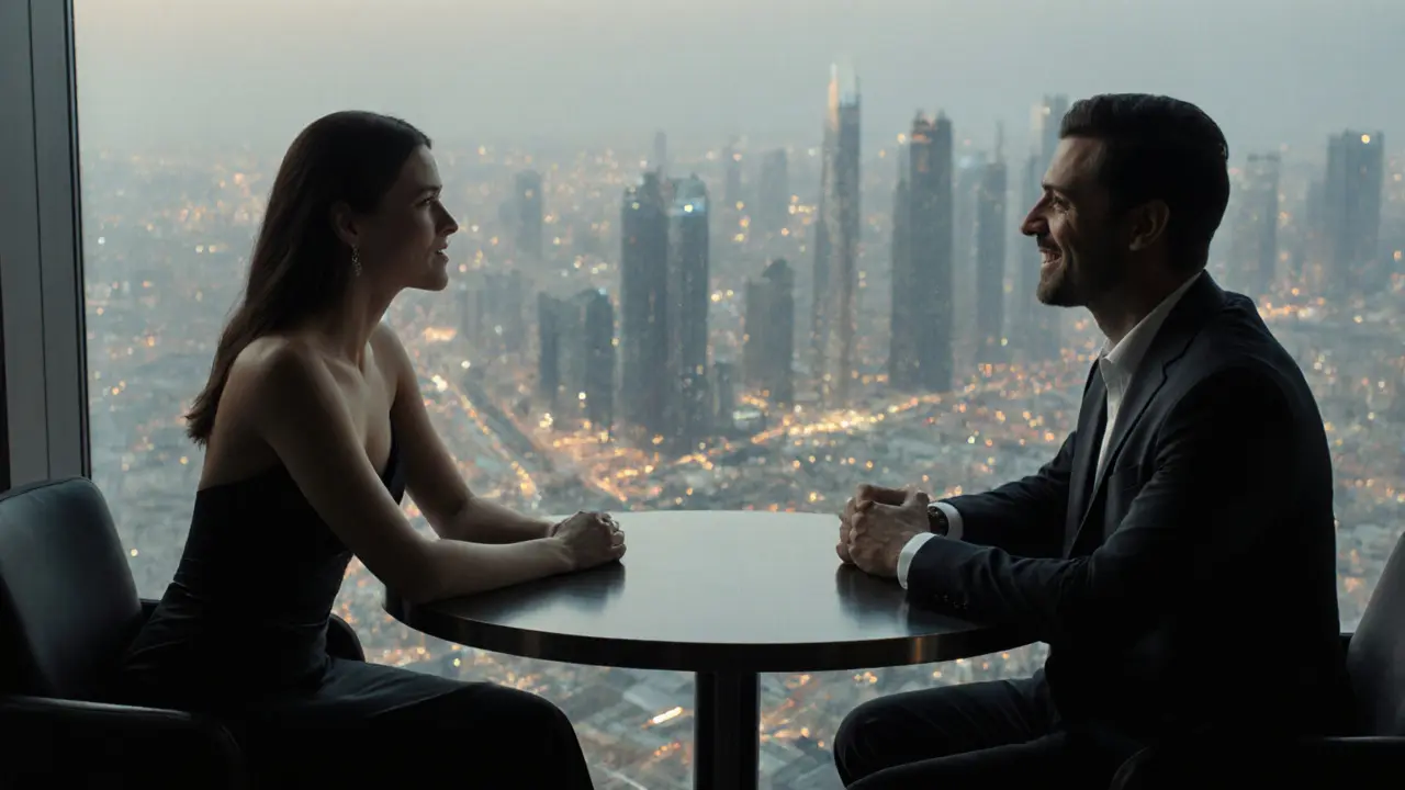 A couple having a quiet conversation at At.mosphere restaurant high above Dubai&#039;s skyline.