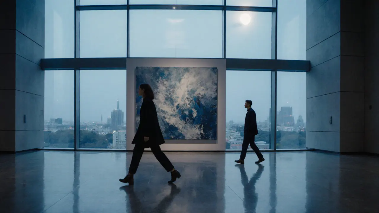 A couple silently viewing art in an empty Tate Modern gallery at night, moonlight casting soft reflections.