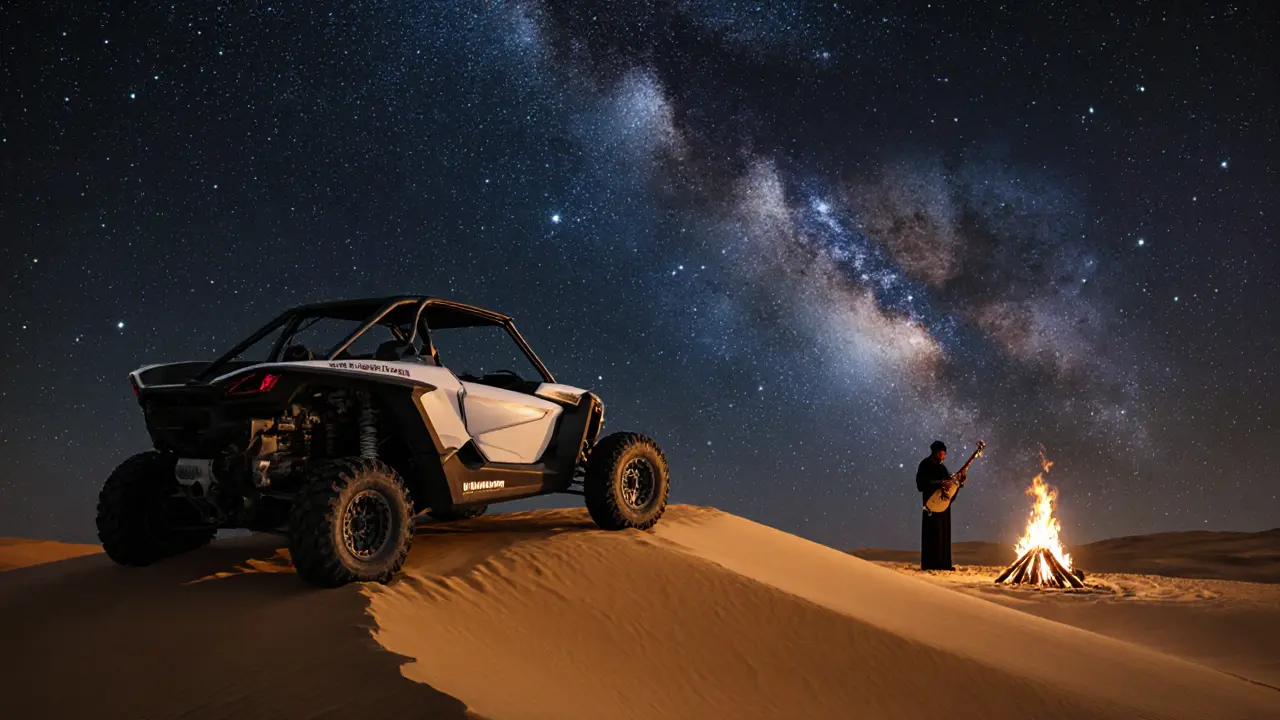 A desert dune at night under a brilliant Milky Way with a distant campfire and oud player.