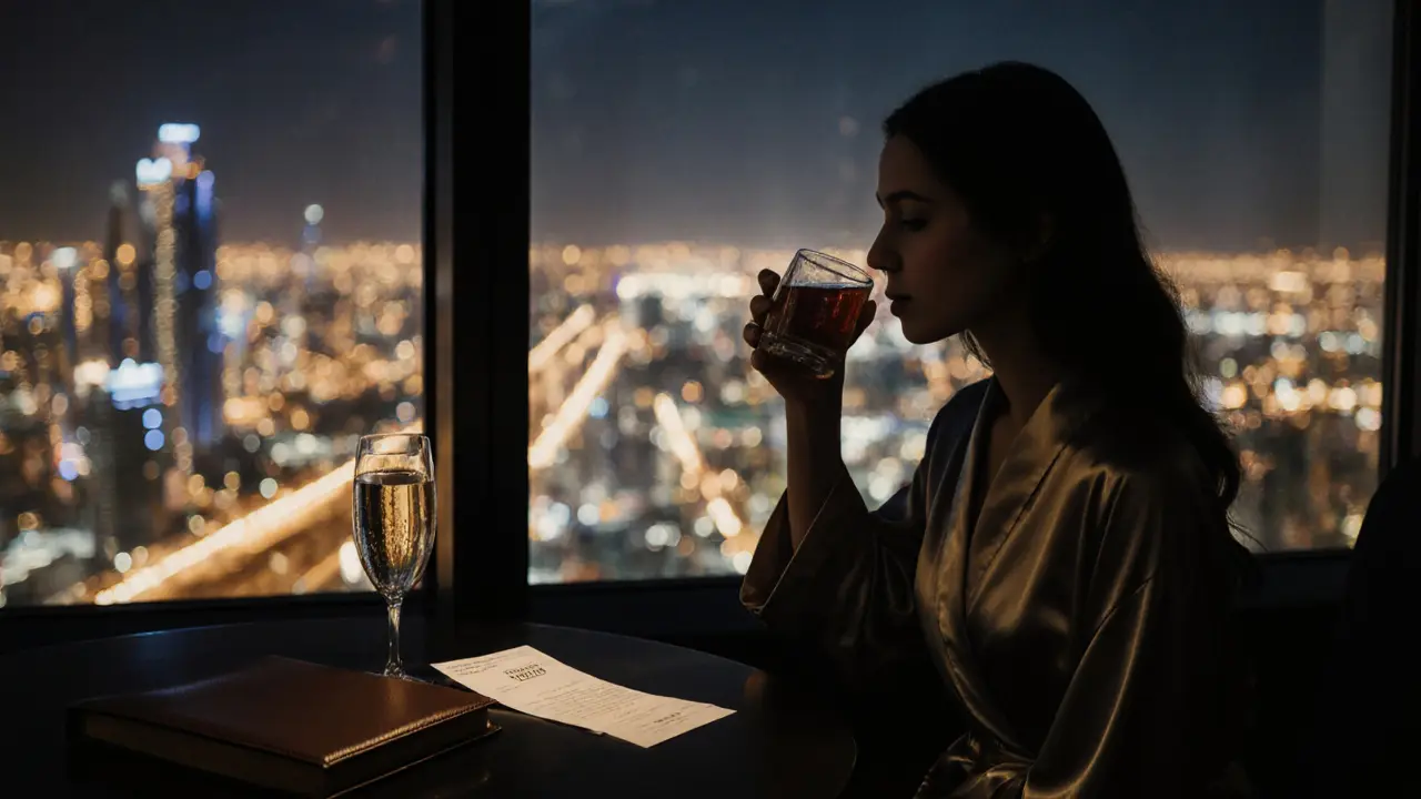 A discreet companion in a rooftop lounge overlooking Abu Dhabi at night.