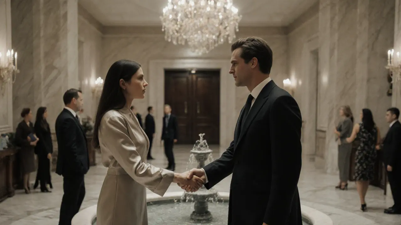 A discreet handshake in a luxury hotel lobby, conveying professionalism and privacy.